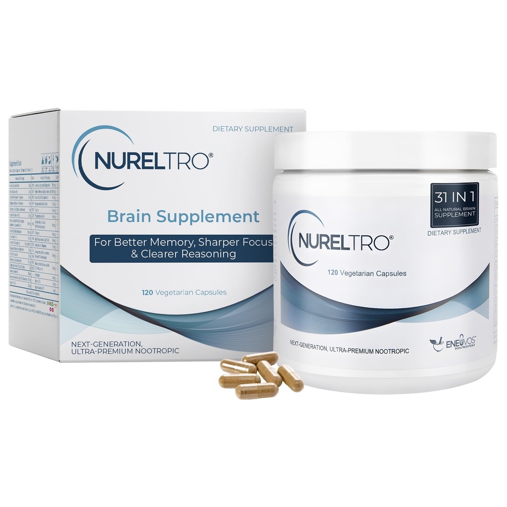 Suppléments Cerveau Nureltro® pour mémoire et focus, 120 Capsules - Suppléments Cerveaux Nootropiques, Suppléments Cerveaux, Suppléments Cerveaux Complètes pour Adultes et Aînés, Sans Caféine