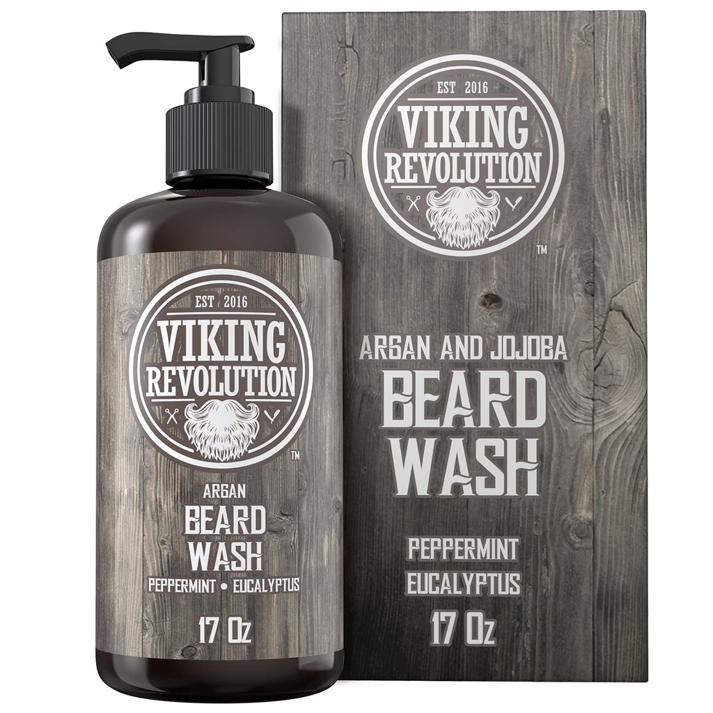 Beard Wash Shampoo w/Argan & Jojoba Oils - Softens & Strengths - Natural Peppermint and Eucalyptus Scent - Beard Shampoo w/Baardolie (17 oz Shampoo)