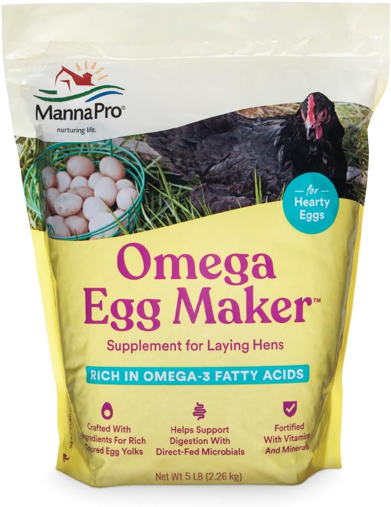 Manna Pro Omega Egg Maker, supplément pour les poules pondeuses, aliment de volaille avec acides gras oméga-3, soutien de digestion avec vitamines et minéraux enrichis, 5 lbs