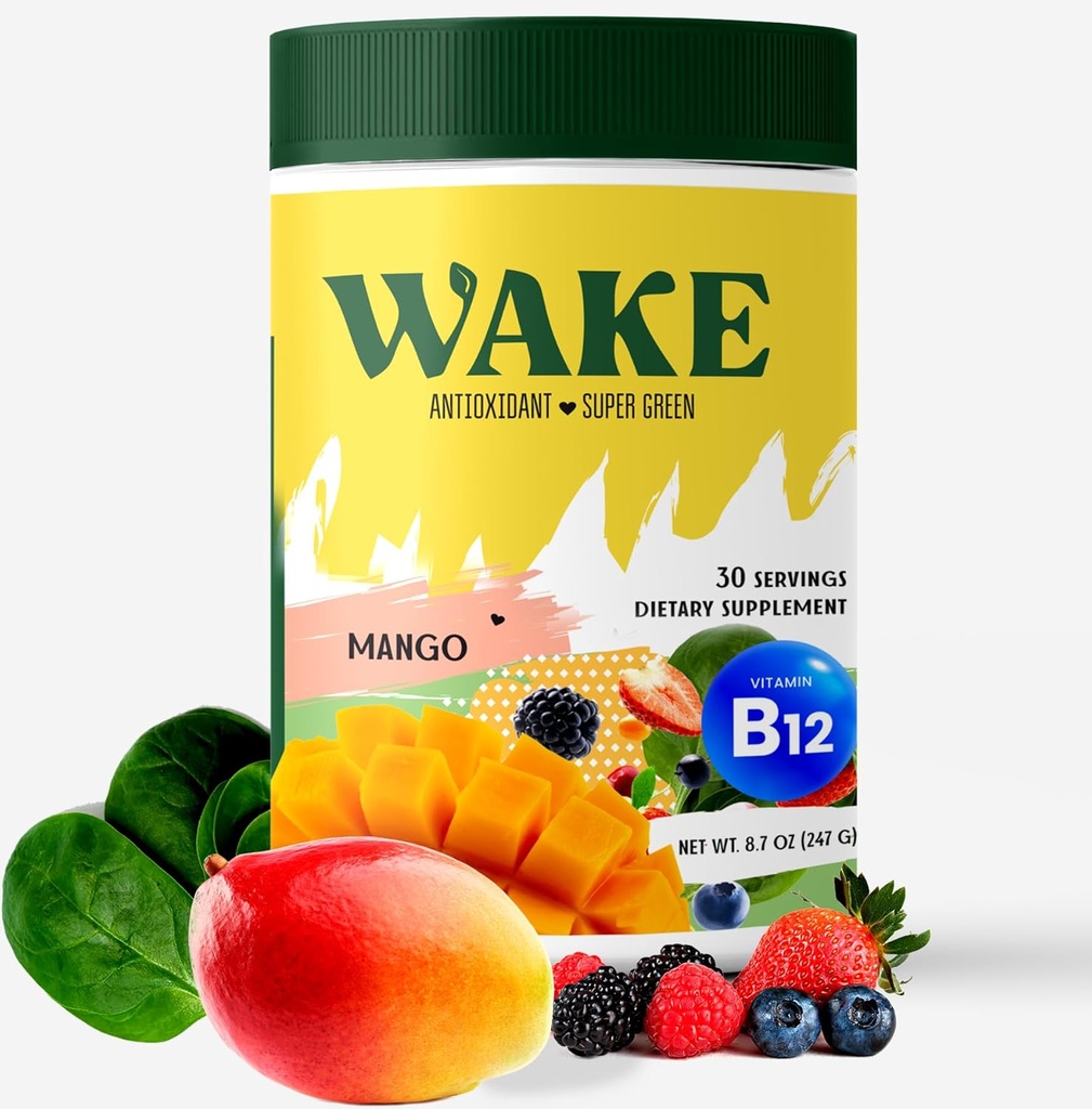 Wake Antioxydant Super Greens, Meilleurs aliments naturels en poudre, Spiruline et Chlorella, Vitamine B12, Boissons végétaliennes non OGM, Jus & Mélange de smoothie, Enzymes, Probiotiques, Acai Berry & Camu Camu