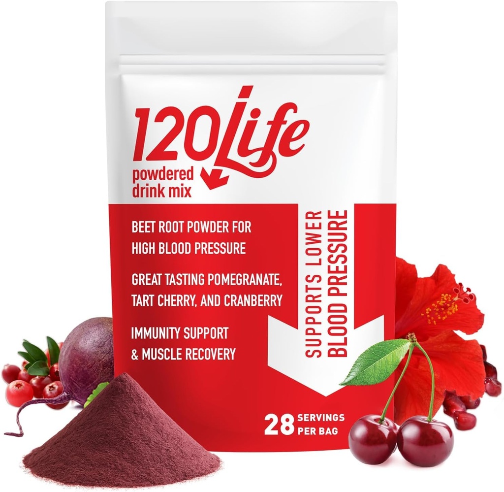 120LIFE Blood Pressure Support, Natural Beet Root Powder Drink Mix met Granaatappelpoeder, Cranberry Supplement, Tart Cherry, Hibiscus en Magnesium (28 Servings) - Gluten-Free, Veganistisch