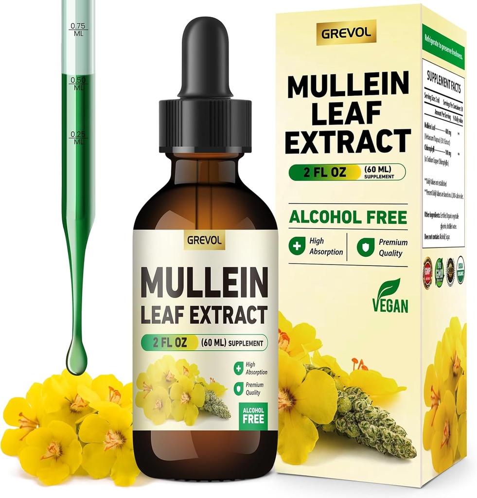 Mullein druppels voor de longen supplement: Organische Mullein blad 30:1 Extract Tinctuur met Chlorofyl - Herbal Supplement Ondersteuning Lung Reiniging & ademhaling functie - Non-GMO, Vegan - 2 Fl Oz