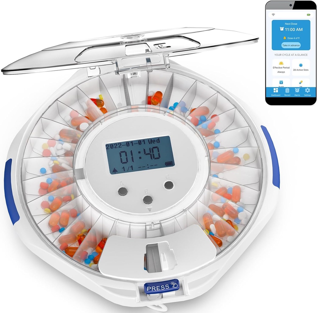 Adamson TimelyMed Smart Pill Dispenser met alarm - WiFi App Monitoring - 28-daagse geneeskunde Dispenser voor ouderen & Alzheimer's Care - Automatic with Lock Key - Nieuwe versie