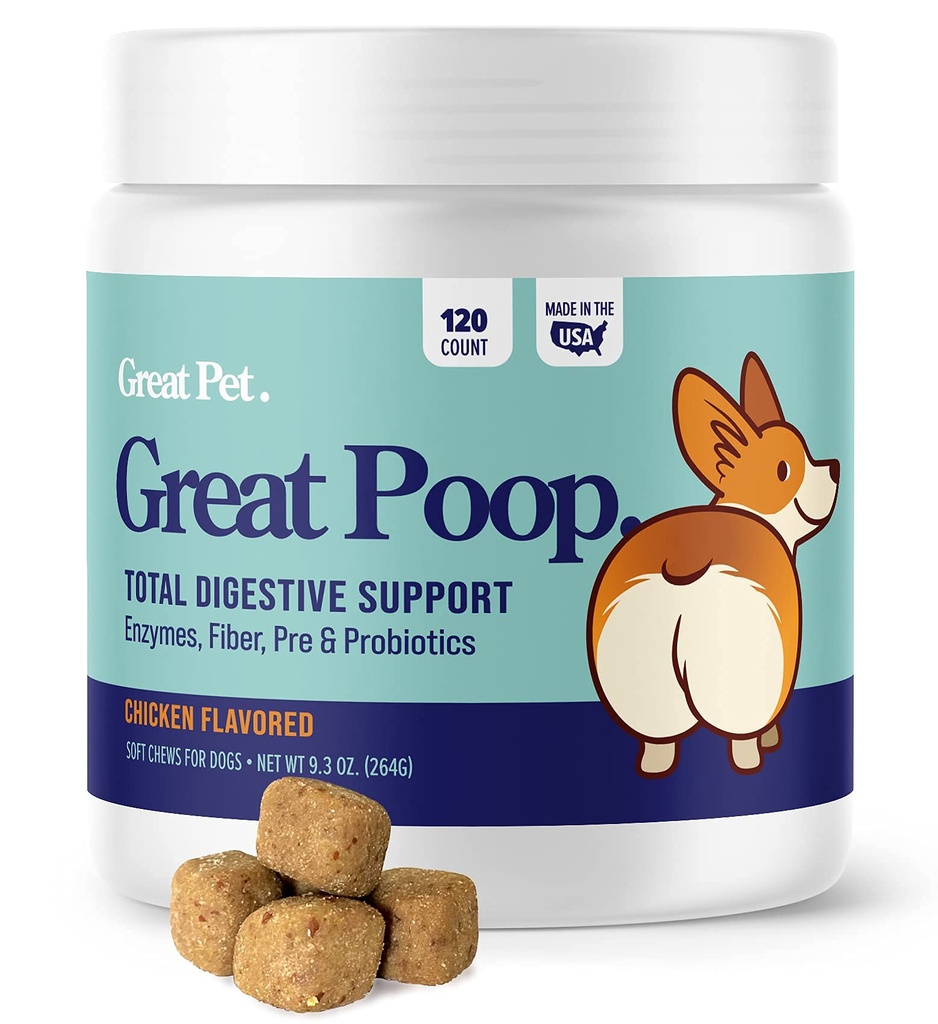 Grote Poop Probiotica voor honden - vezel voor honden supplement met hond Probiotica en spijsverteringsenzymen voor een gezonde Gut, Firm Stool & Diarree Relief - Chicken Flavored Pet Zachte Kauwen met Prebiotica