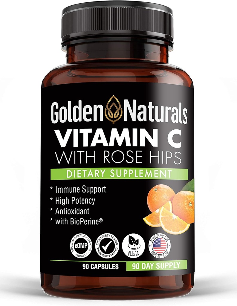 Golden Naturals Vitamine C met alle natuurlijke rozen HIPS, 1000mg, Immune Boosting Ondersteuning en krachtige antioxidant, hoge absorptie met BioPerine, verbeteren huidgezondheid, 90 capsules