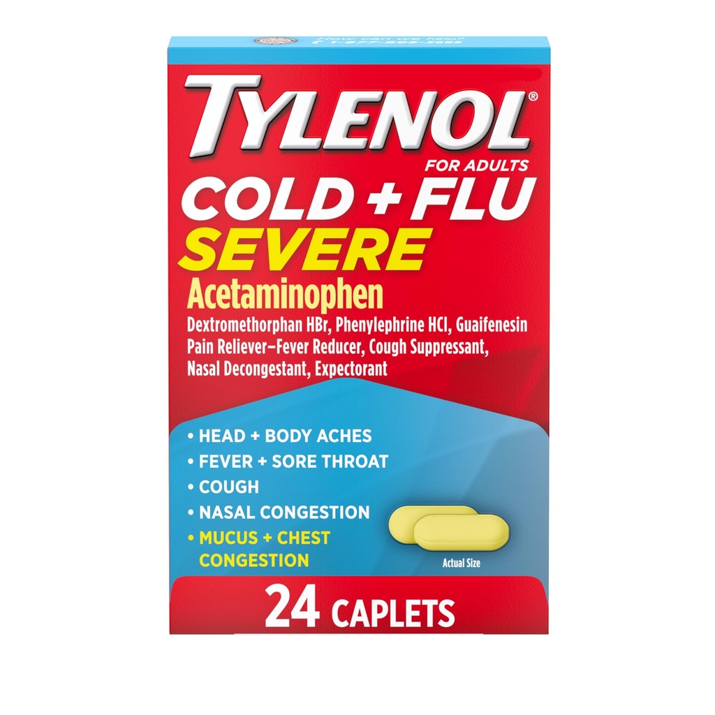 Tylenol Cold + Griep Ernstige Medicine Caplets voor koorts, pijn, hoesten en congestie, 24 st.