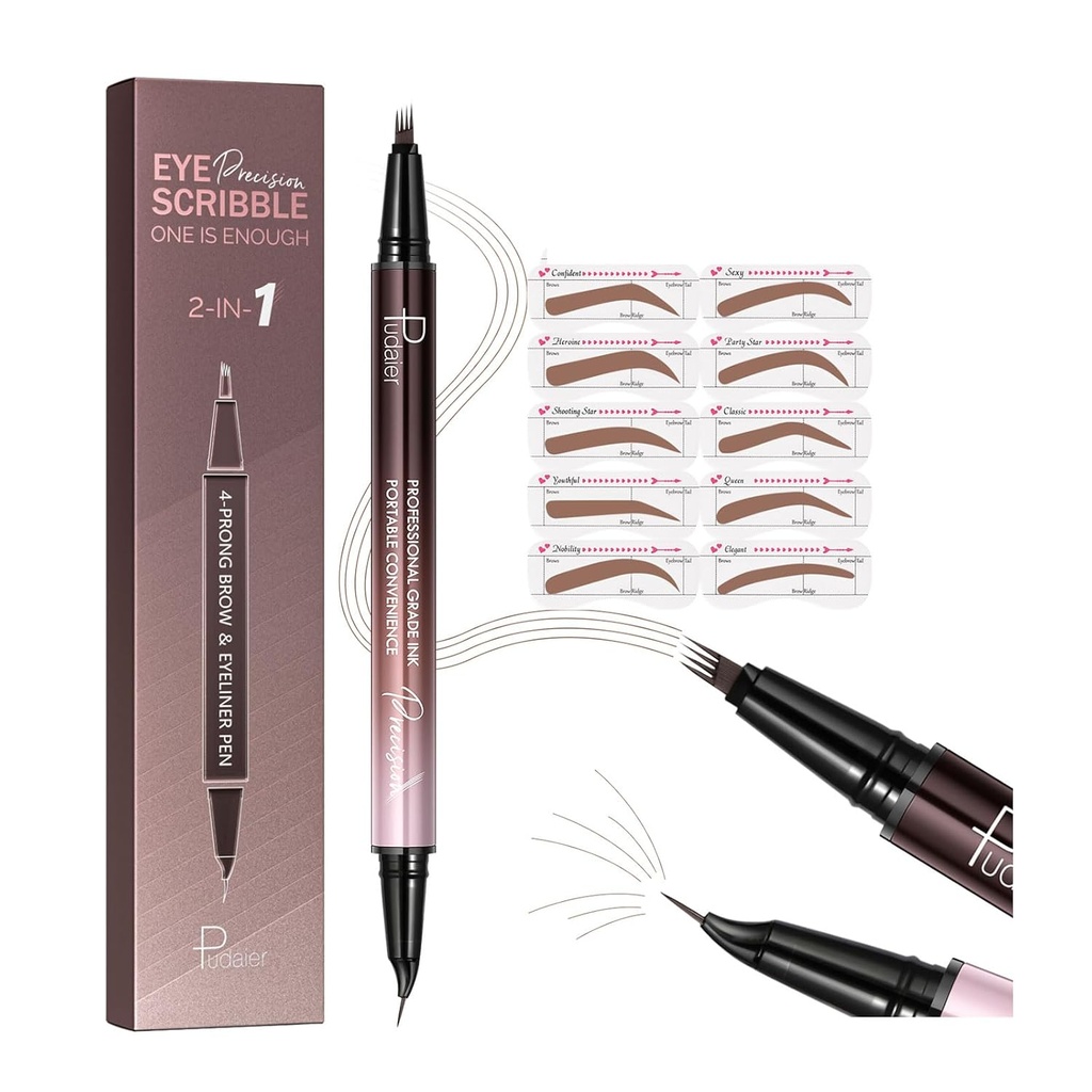 2-in-1 gebogen wenkbrauw Pen en Eyeliner met 10Pcs Brow Stencils, Microblading Eyebrow Potlood met 4 Fork-Tip en gebogen Precise Tip, waterdicht en lang aanhoudende Eyebrow Pencils voor vrouwen, Zacht Bruin