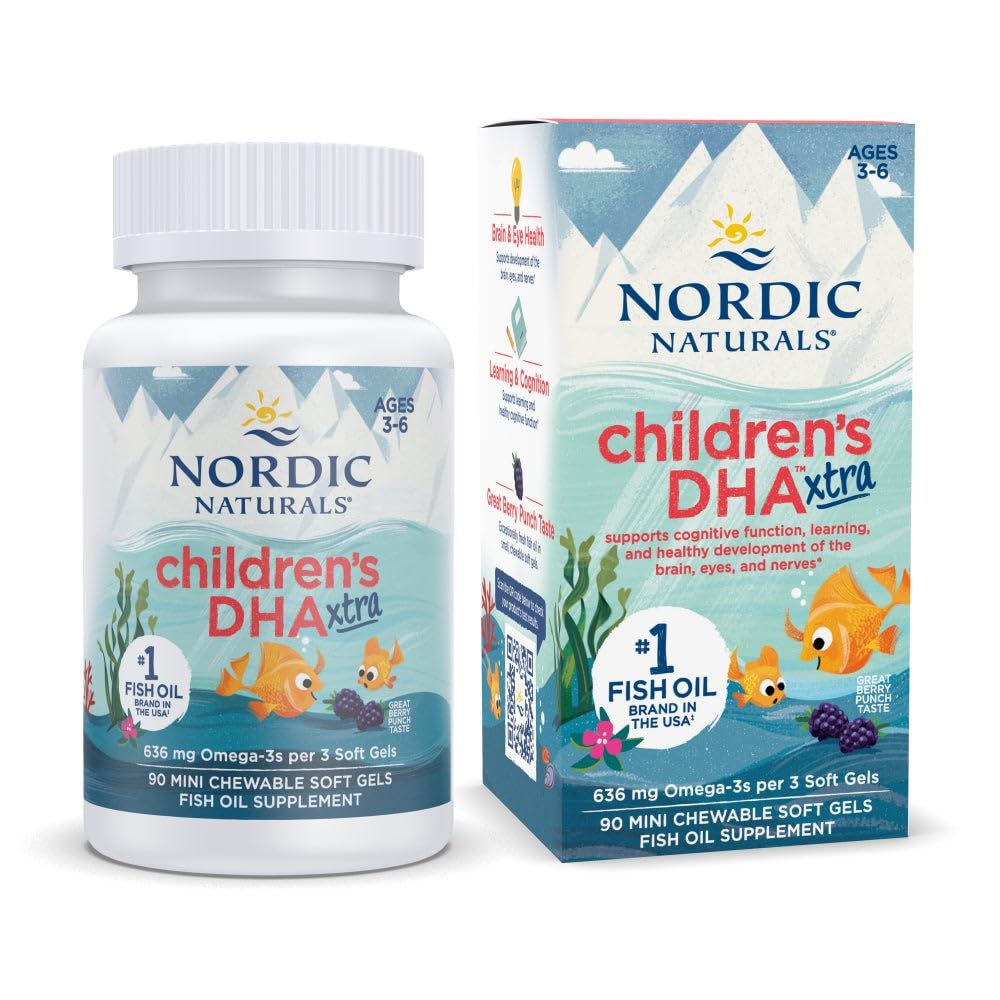 Nordic Naturals DHA Xtra, Berry Punch - 90 Mini Kauwbare zachte gels voor kinderen - 636 mg Omega-3s EPA & DHA - Cognitieve en immuunfunctie, leren, sociale ontwikkeling - Niet-GMO - 30 porties