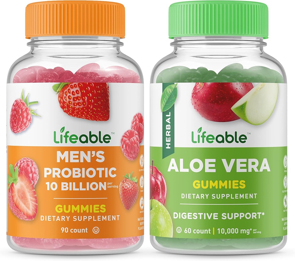 Probiotique pour homme vivace 10 milliards + Aloe Vera, Gummies Bundle - Grande dégustation, supplément de vitamine, sans gluten, sans OGM, gummy à croquer