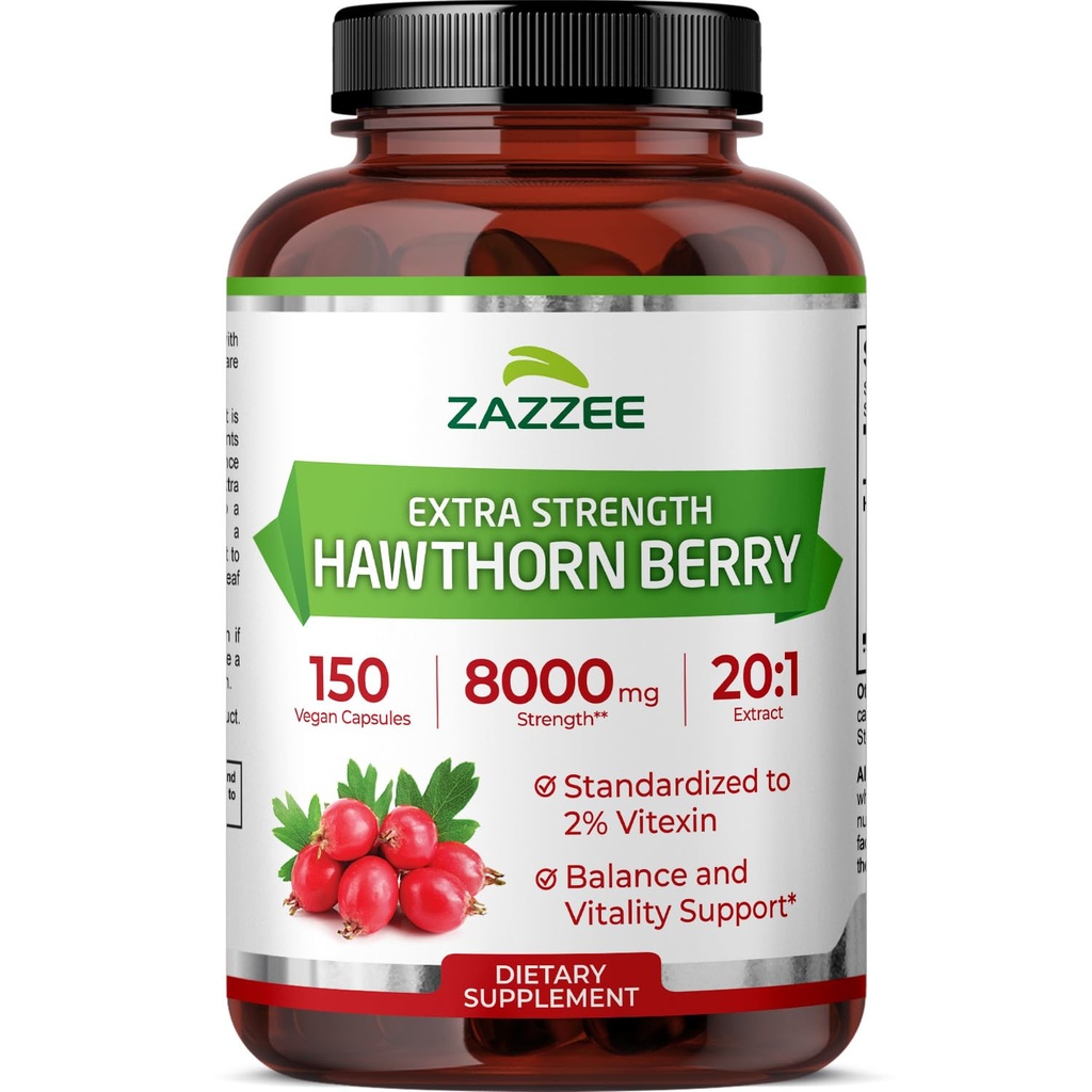 Zazzee Extra Strength Berry Hawthorn 20:1 Extrait, 8000 mg Strength, 2% Vitexin, 150 Capsules Vegan, 5 mois d'approvisionnement, concentré et normalisé Potent 20X Extrait, non-OGM et tout-naturel