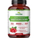 Zazzee Extra Strength Berry Hawthorn 20:1 Extrait, 8000 mg Strength, 2% Vitexin, 150 Capsules Vegan, 5 mois d'approvisionnement, concentré et normalisé Potent 20X Extrait, non-OGM et tout-naturel