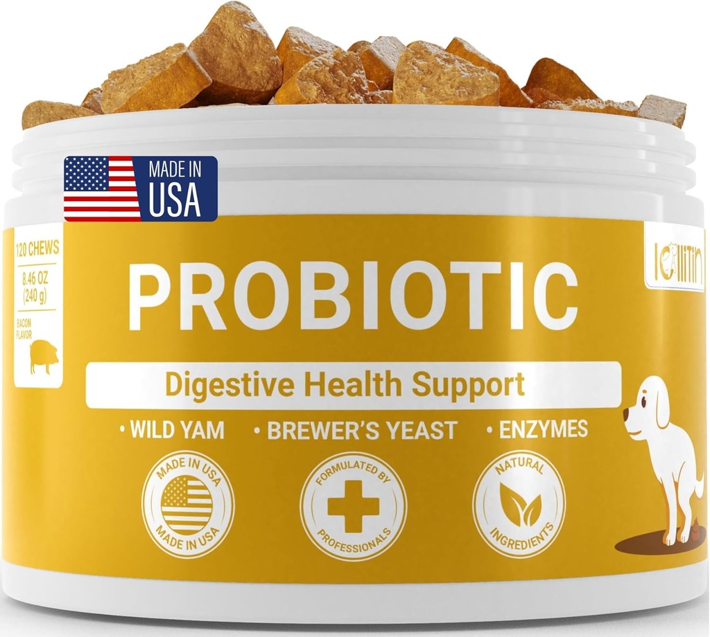 Probiotica voor honden - Ondersteuning Gut & Digestive Health, Immune Support - Alle Nautral Prebiotica, Vezel, Enzymen voor Gut Flora - Diarree & Bowel Support - Bacon Smaak, 120 Kauwen, door Lollitin