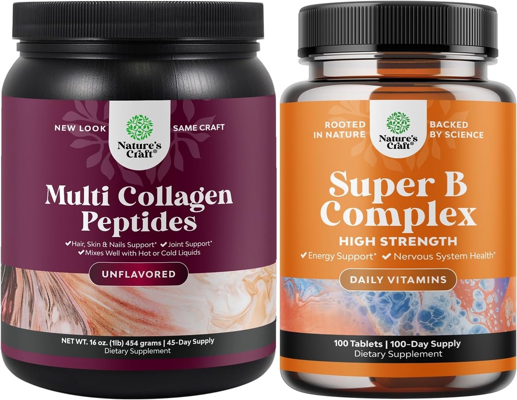 Ensemble de poudre de protéines multicollagènes pour les femmes et les hommes - Peau et ongles capillaires Vitamines et vitamine B complexe adulte multivitamine pour immunosupport d'humeur et supplément mémoire pour le soutien du cerveau
