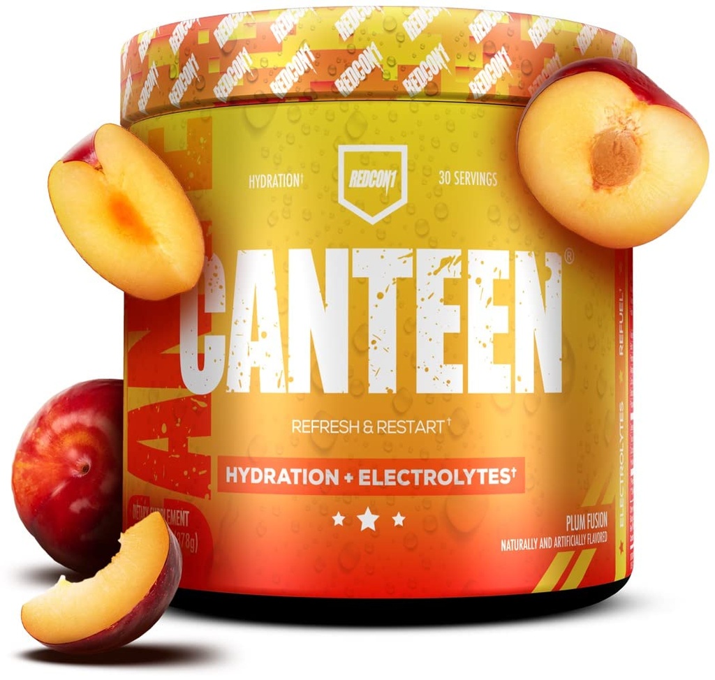 REDCON1 Hydratation de la cantine + électrolytes, Fusion de prune - Poudre de boisson électrolyte avec des vitamines B + Minéraux pour la récupération - Poudre d'eau de coco et acide hyaluronique pour l'hydratation (30 portions)
