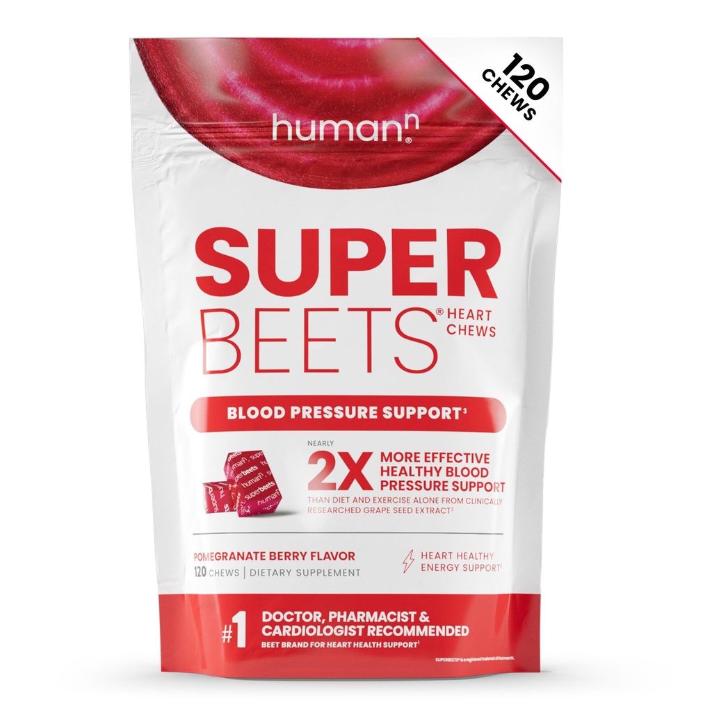 HumanN SuperBeets Heart Chews, Nitric Oxide and Blood Pressure Support, Grape Seed Extract & Non-GMO Beet Root Powder Energy, Granaatappel Berry Flavor, 120 Tel.