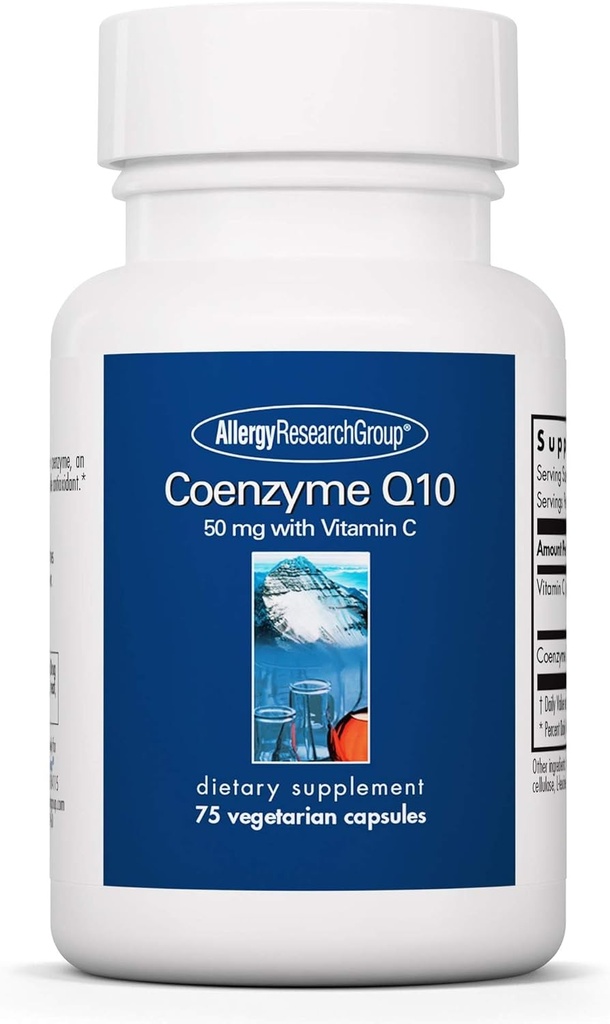 Allergie Onderzoeksgroep Co-enzym Q10 Supplement - met vitamine C, Heart Health, CoQ10 50mg, Ubichinol, Antioxidant, Vegetarische Capsules - 75 Tellen