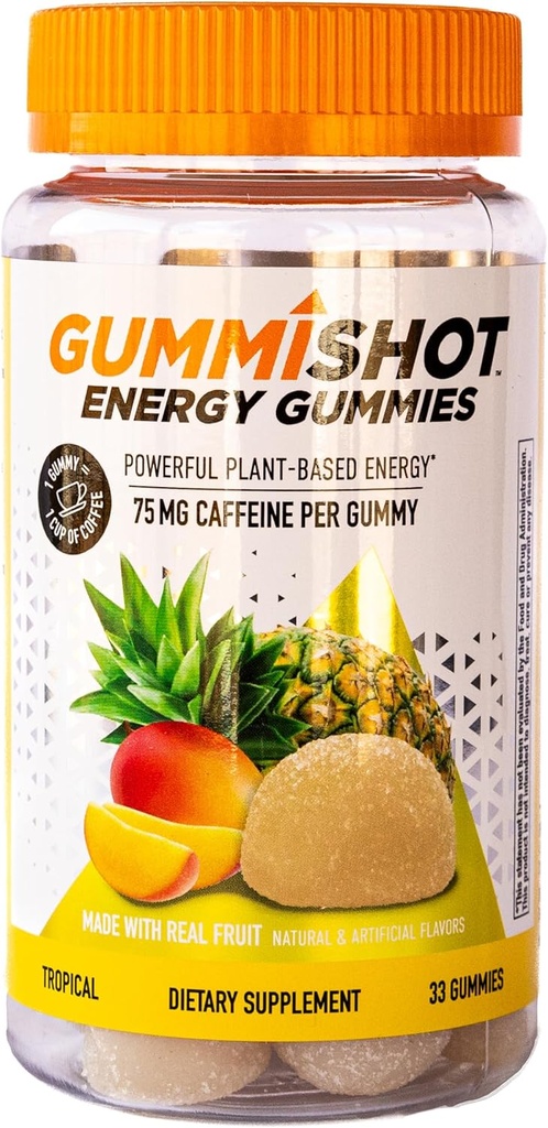 GummiShot Energy Gummies, 2475mg Plant-Based Cafeine Kauwen per fles, Lange Lasting Energy Boosters, Tropical (33ct)