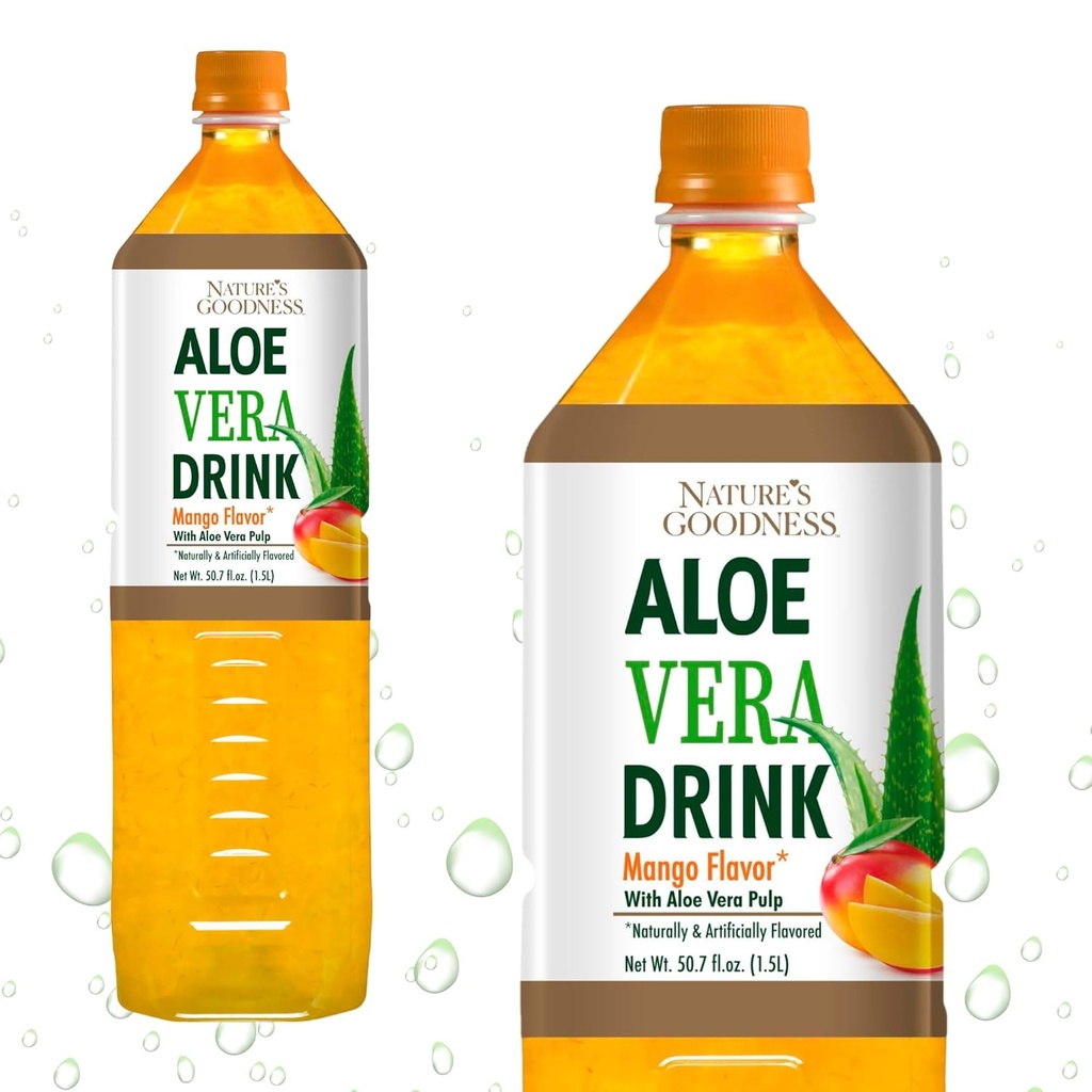 Nature's Goodness Aloe Vera Drink with Pulp Mango Flavor - 50.7 Fl Oz (1.5 L) - Refreshing Beverage with Real Aloe Vera Juice