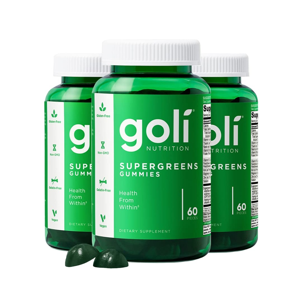 Goli SuperGreen Vitamin Gummy - 180 Count - Essential Vitamins and Minerals - Plant-Based, Vegan, Gluten-Free & Gelatin Free - Health from Within, Pack of 3