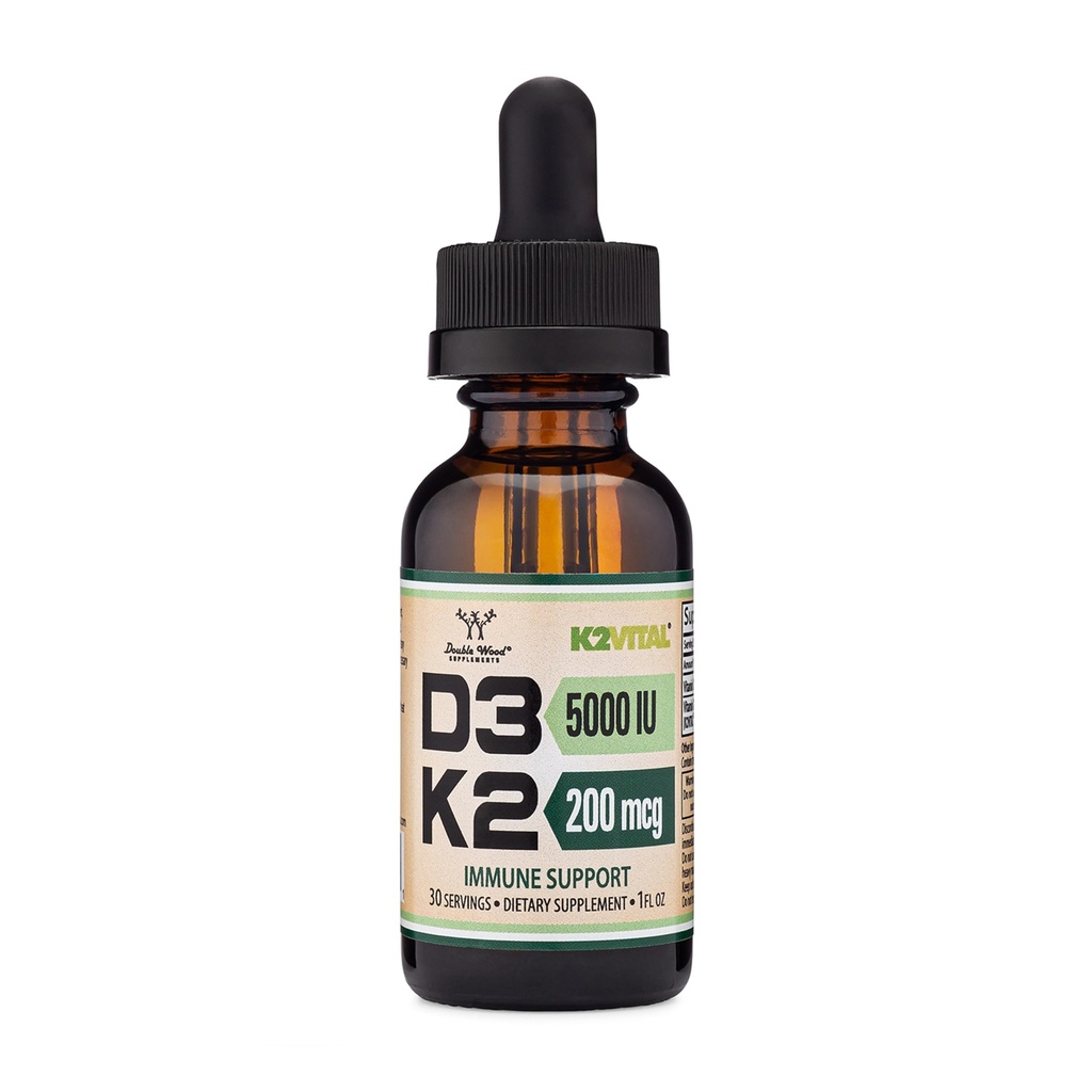 Vitamine D3 K2 5 000 UI gouttes liquides (5 000 UI de D3 et 200 mcg de 99,9 % de K2 MK-7 breveté tout trans (K2Vital)) Max Absorption gouttes liquides Vitamine D (30 portions) par double bois
