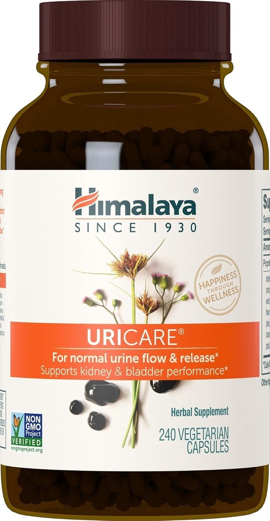 Himalaya UriCare kruidensupplement, nier- en blaasondersteuning, urinetrek & urinestroomondersteuning, cafeïnevrij, non-GMO, glutenvrij, vegetarisch, 240 capsules, 60 dagen aanvoer