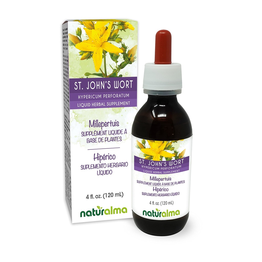 Naturalma St. John's Wort (Hypericum perforatum) herbe avec fleurs Teinture sans alcool - 4 fl oz extrait liquide dans les gouttes - supplément à base de plantes - végétalien