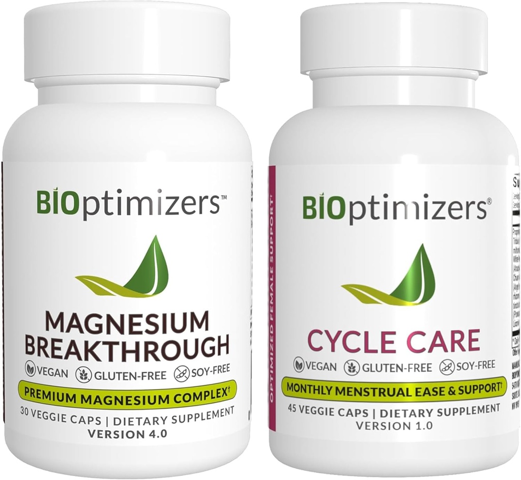 BiOptimizers Magnésium Breakthrough 4.0, (30 Capsules) & Cycle Care, (45 Capsules) - Supplément de soutien au sommeil naturel, au cerveau et au soulagement menstruel