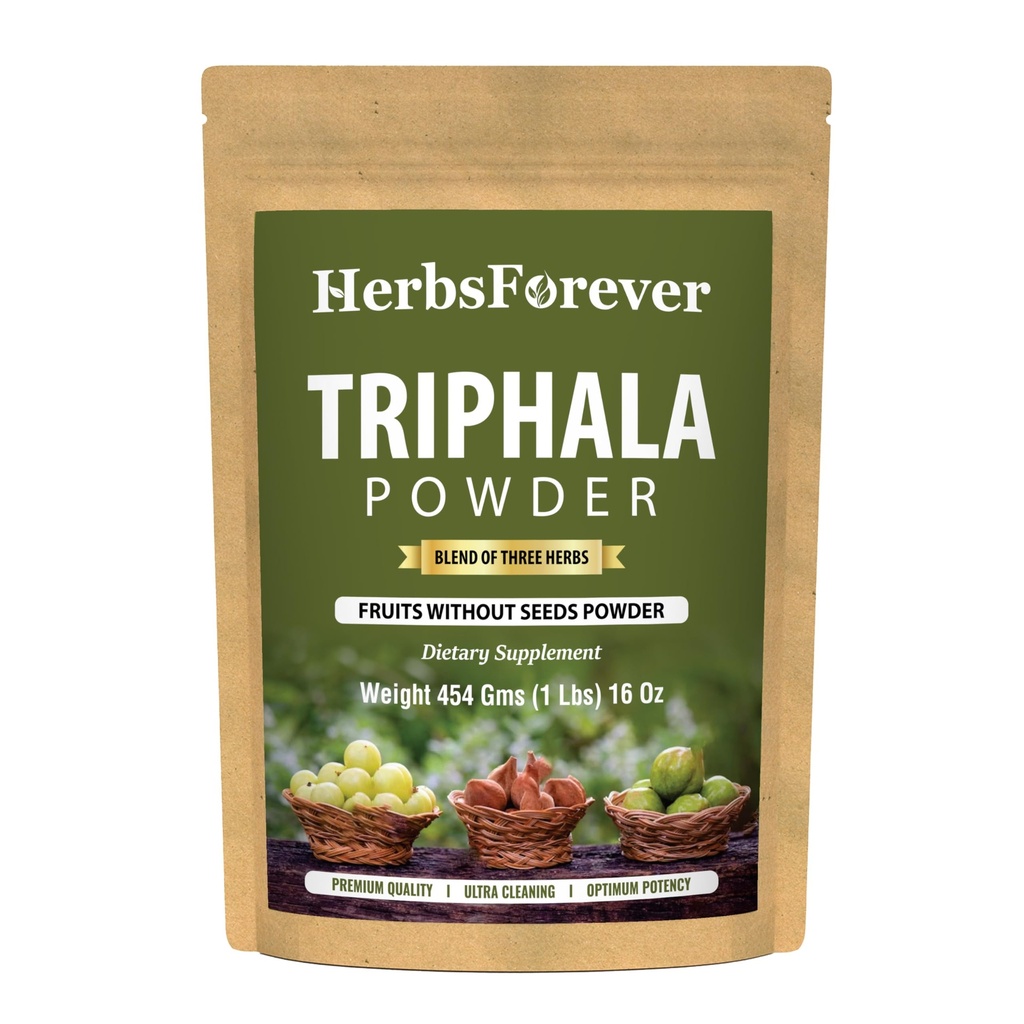 Herbsforever Triphala Poudre Churna Formulation ayurvédique traditionnelle soutient la désintoxication et le rajeunissement non OGM, végétalien 454 GMS