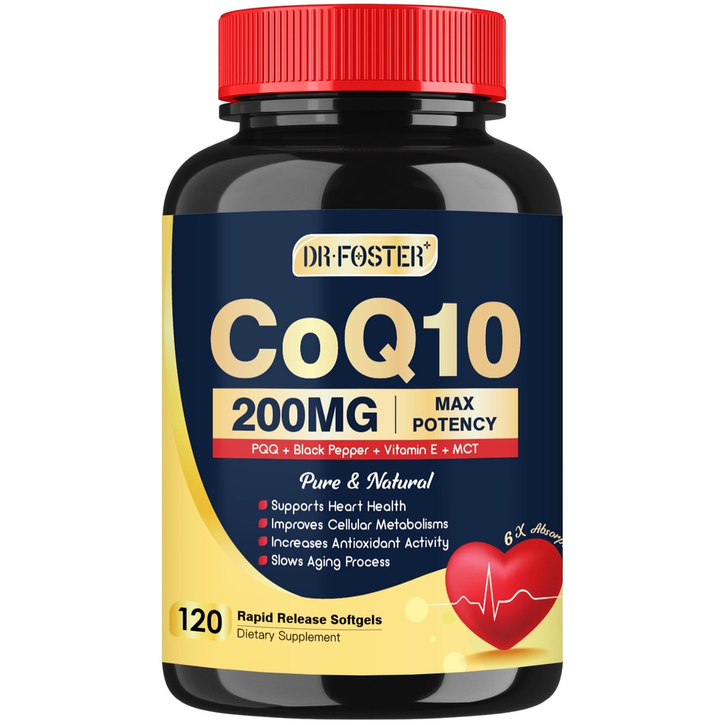 DRFOSTER Coq10 200mg, Co-enzym Q10 for Antioxidant & Energy Production, 6X Higher Absorptie Cq10 with Vitamine E & PQQ & Black Pepper Extract, Co q 10 Supplement 120 Servings