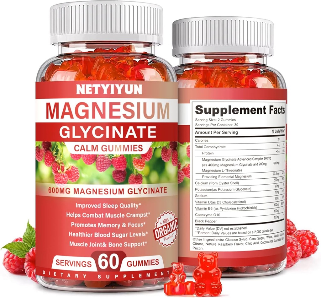 Magnesium Glycinate Gummies 600mg, Hoge Absorptie Magnesium Supplement voor Volwassenen, Inclusief 200mg Magnesium L-Threonaat, Magnesium Ondersteuning Slaapkwaliteit, Ontspanning, Stress Relief Pack van 1