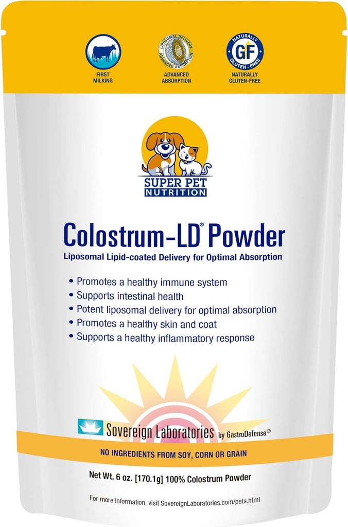 Super nutrition vétérinaire approuvée pour animaux de compagnie - pour chiens et chats - Liposomal Bovin Colostrum, Riche en immunoglobulines (25%+), Support pour systèmes immunitaires et digestifs, Allergies (6 Ounces)