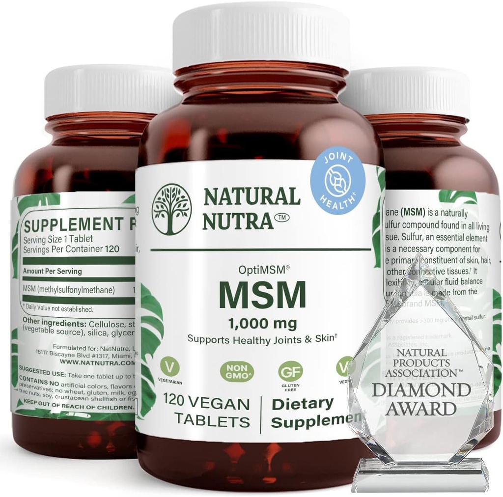 Natuurlijke Nutra OptiMSM, MSM-supplement met Zwavel, Voorkom het uitdunnen van het haar, verhoging van de gezamenlijke flexibiliteit en bot gezondheid, cartilage gezondheid, helpt vochtbalans, 1000 mg, (120) Vegan tabletten