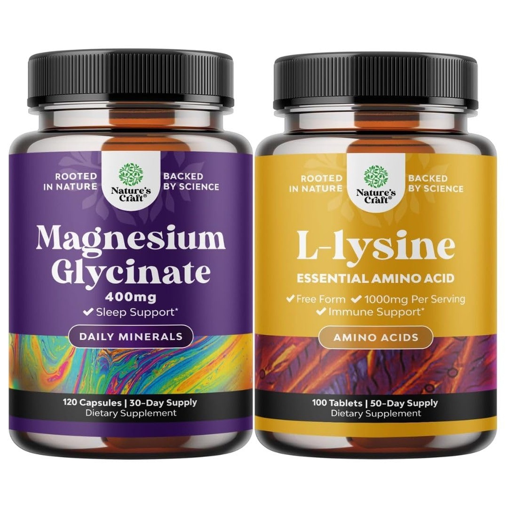 Bundel van Magnesium Glycinate Capsules voor vrouwen en mannen voor stemming en ontspanning en L-lysine essentiële aminozuren voor ooggezondheid Lip Care Bone Ondersteuning Immuunsysteem Ondersteuning Spiergroei