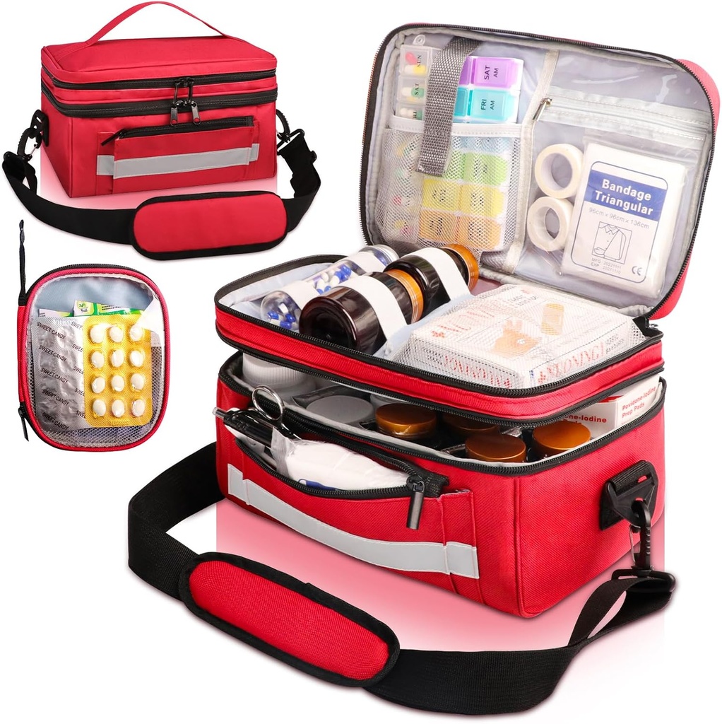 Medicijn zak voor reizen met Portable Small Pouch, Double Layer Pill Bottle Organizer Opslag met Isolatie Voering, Medication Travel dragen geval met schouderband rood (alleen zak)