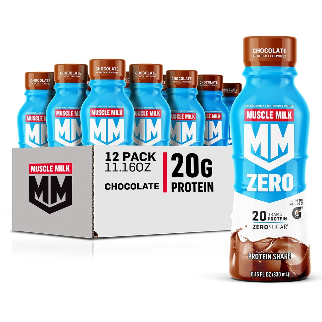Muscle Milk Zero Protein Shake, Chocolate,20g Proteïne, Zero Sugar, 100 Calorieën, Calcium, Vitaminen A, C & D, 4g Fiber, Energizing Snack, Workout Recovery, Packaging May Vary,11,16 Fl Oz (Pack van 12)