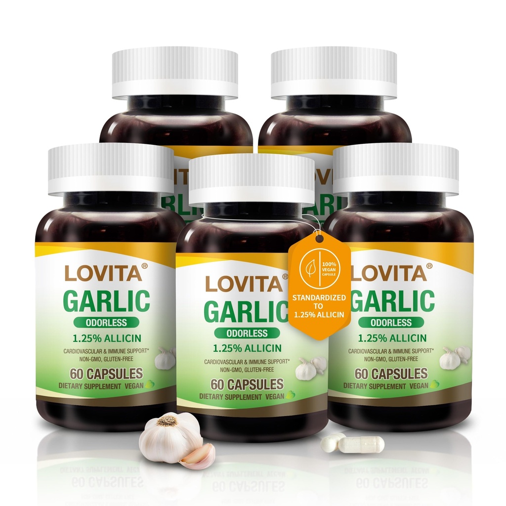 Lovita Odorless Knoflook Capsules, 5000mg Verse Knoflook Equivalent, 1,25% Allicine Extract, Ondersteunt Hart, Bloeddruk, Cholesterol & Immuun System, Non-GMO, Glutenvrij, 300 Vegan Capsules