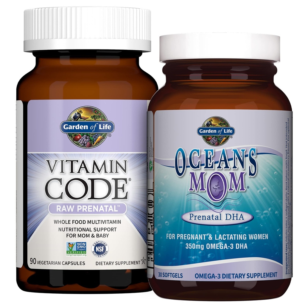 Jardin de la vie Prénatal Multi + DHA Bundle: Code Vitamine Multivitamine prénatale crue avec folate, 90 Capsules végétariennes Plus Océans Mom DHA Une fois par jour, 350mg DHA Huile de poisson, 30 softgels fraises