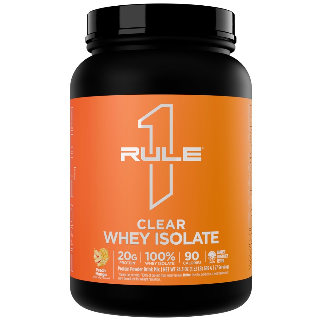 Règle 1 Isolation claire de lactosérum - 20g Protéines isolates tout-whey, plus de 9g d'AAE, 300mg de minéraux électrolytes, 90 calories, léger, croustillant et goût rafraîchissant (27 portions, mangue de pêche)