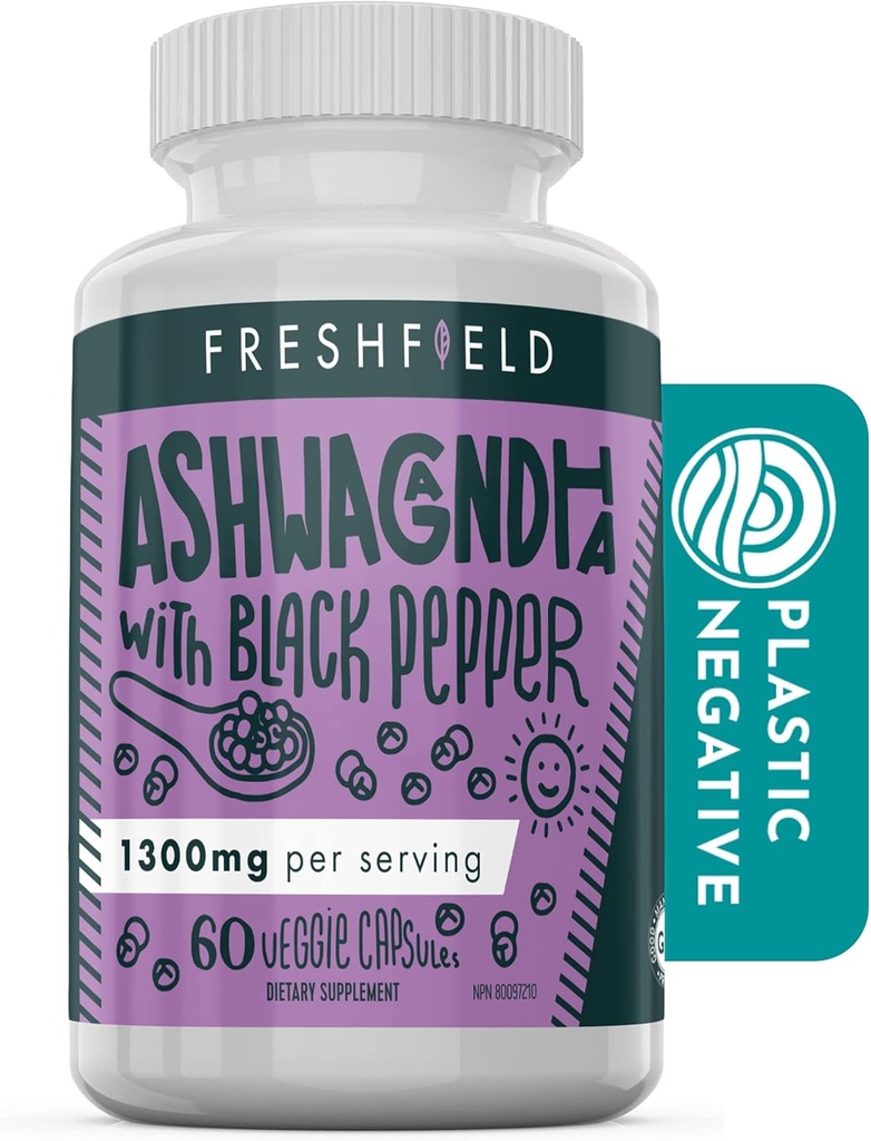 Freshfield Ashwagandha met zwarte peper. Vegan Vriendelijk supplement voor adrenale vermoeidheid Ondersteuning, spiergeheugen, schildklier en kracht. Alle natuurlijke 1300 mg capsules
