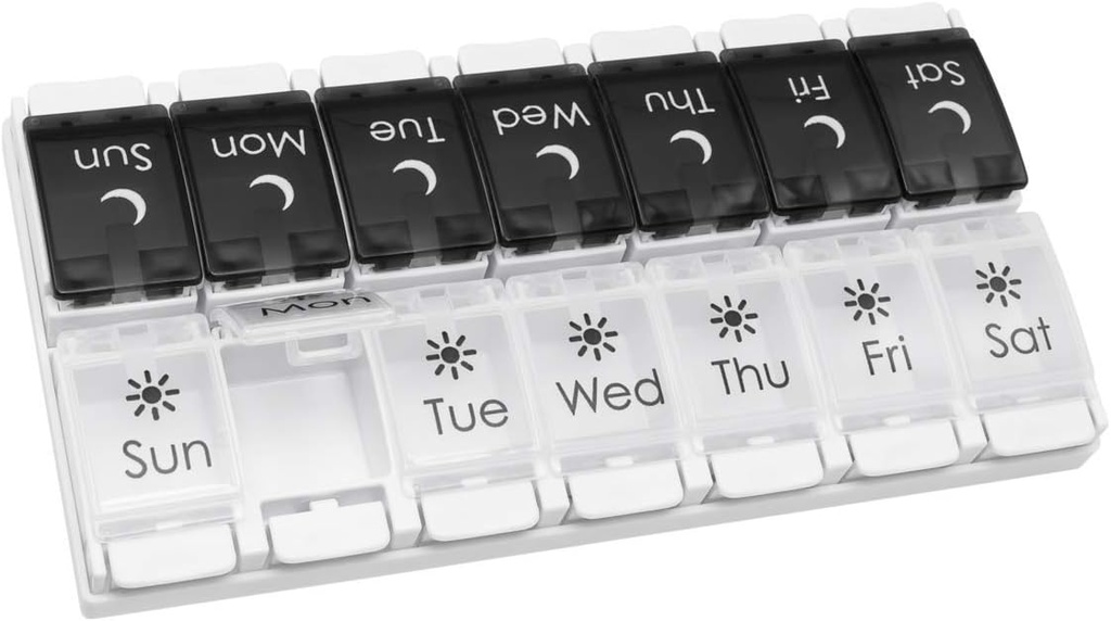 Bouton poussoir EZY DOSE (7 jours) Cas de pilule, planificateur de médicaments, organisateur de vitamines, 2 fois par jour AM/PM, bacs amovibles, grands compartiments, arthrite amicale, nébuleux noir et blanc, sans BPA
