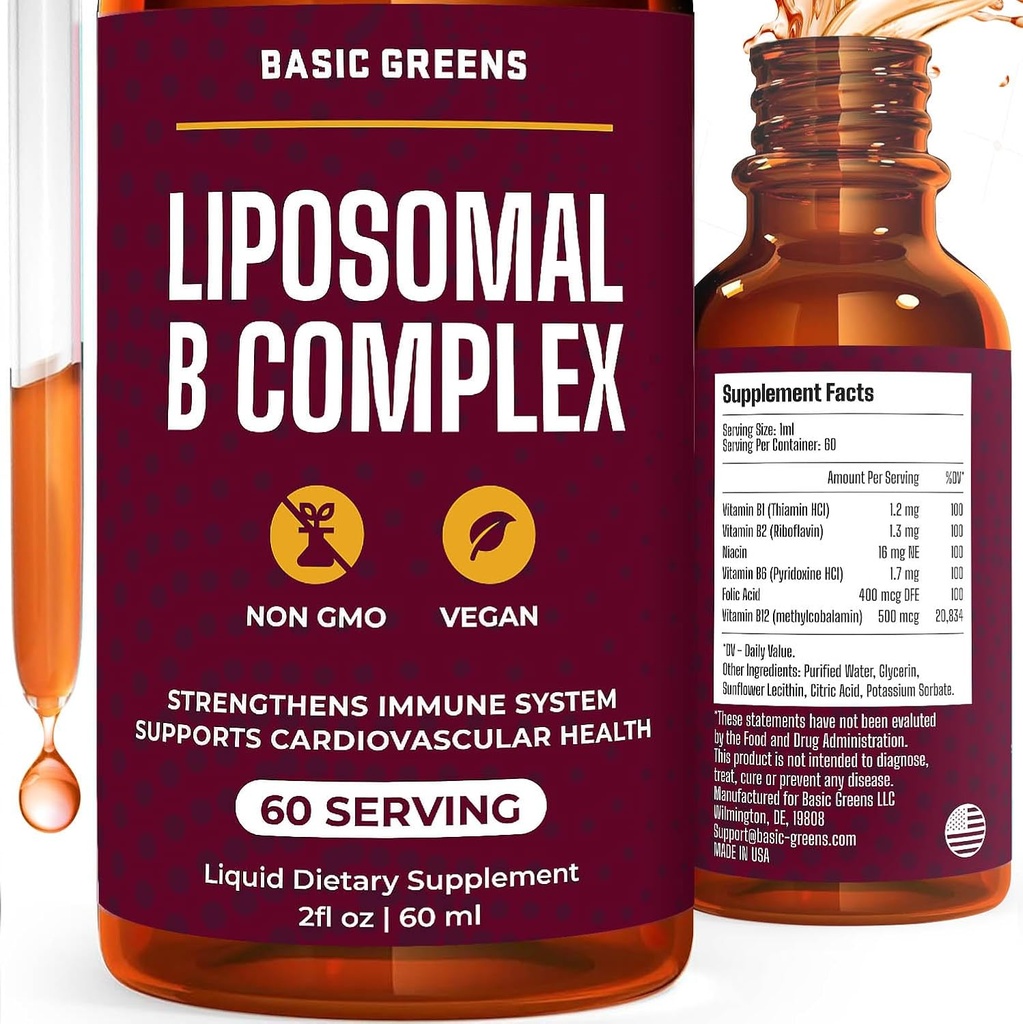 Liposomale B Vitaminen Complex Vloeistof Hoge absorptie voor energie, hersenen & huidgezondheid, haar & nagels, geavanceerde liposomale toediening, Vegan, niet-GMO, 2 Fl Oz