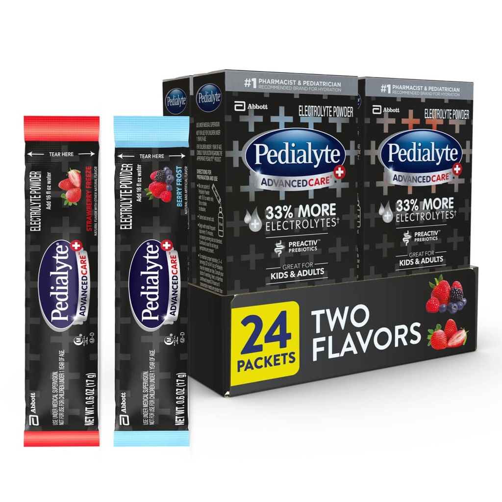 Pedialyte AdvancedCare Plus Electrolyte poeder, heeft 33% meer Elektrolyten en PreActiv Prebiotica, Variety Pack: Berry Frost en Aardbei Freeze, 24 Powder Packets