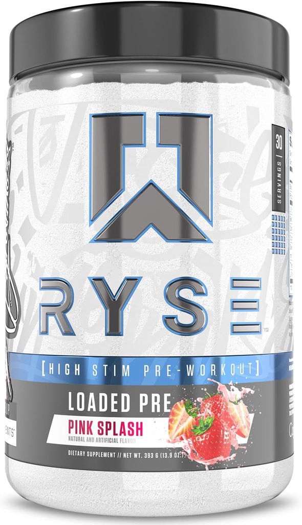RYSE Charged Pre Workout Poudre - Pink Splash - Pré-entraînement quotidien pour les hommes et les femmes avec 390mg de caféine, Beta Alanine et Citrulline pour pompe, focus et énergie - 30 portions