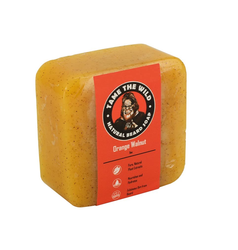 TAME THE WILD Orange Walnut Bead Soap Bar - 5 oz Exfoliating Beard Laver and Face Scrub - Shea Butter and Coconut Oil Cleanser - Hydrating Grooming Soap - Cadeaux de fête des pères