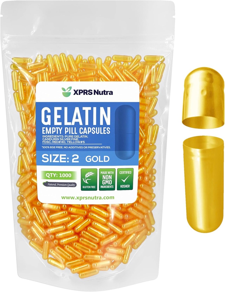XPRS Nutra Maat 2 Lege Capsules - 1000 Telle Lege Gelatine Capsules - Pillen DIY Capsule Vulling - Pure Bovine Pill Gel Caps for Do-It-Yourself Supplements (Goud)