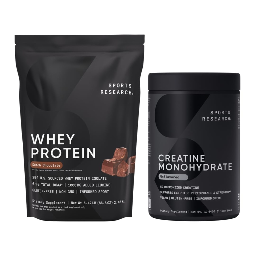 Sports Research® Creatine Monohydraat (1.1 LBS) en Dutch Chocolate Whey Protein (5.42 LBS), The Dynamic Duo for Lean Muscle Building, Improved Performance and Strength & Workout Recovery