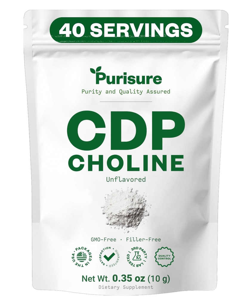 Purisure CDP Choline Powder, 10g, CDP Choline Suppléments qui soutiennent l'attention, la concentration et l'énergie, Citicoline Powder pour la fonction cognitive, augmente la motivation et la productivité, 40 services