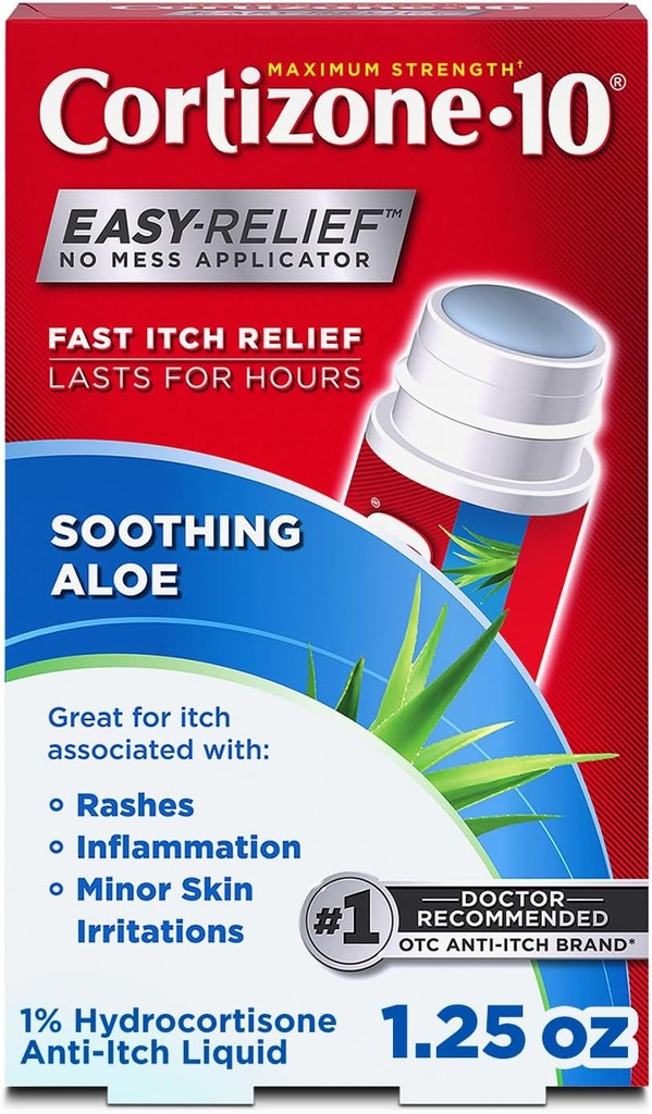 Cortizone-10 Maximale sterkte Verzachtende Aloe Itch Relief No Mess Applicator, 1% Hydrocortison, Fast-Active, Anti-Itch Liquid for Bug Bites, Rash, Eczema, Psoriasis, Poison Ivy, Oak & Sumac, 1,25 fl oz