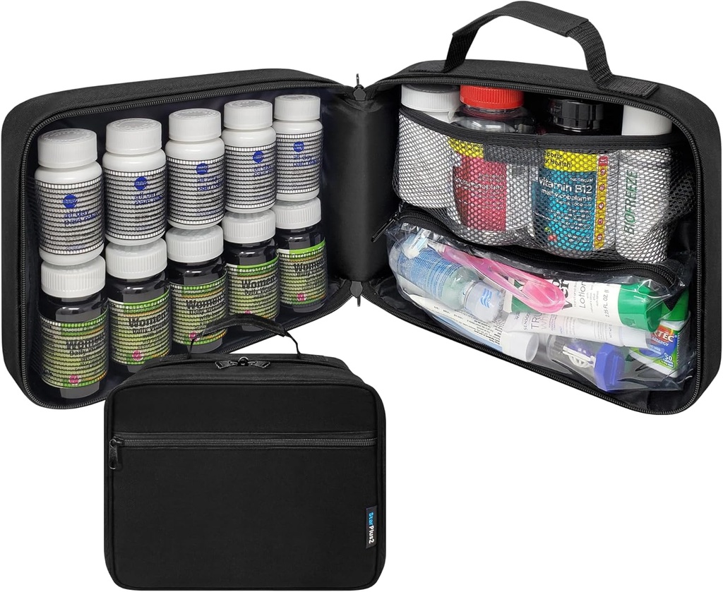 Grote pil fles Organisator, Medicine Bag, drager voor medicijnen, vitamines, en medische benodigdheden - Travel Medicine Organizer en opslag Med Bag met elastische Bands - Zwart (Zonder slot)