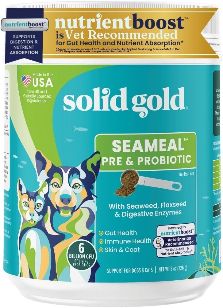 Solid Gold SeaMeal Cat Probiotica en hondenprobiotica voor de spijsvertering van de gezondheid - Kelp Powder Dog & Cat Multivitamine Supplement w/Prebiotica & Digestieve Enzymen voor huid, mantel, & Gut + Immuun Ondersteuning - 8oz